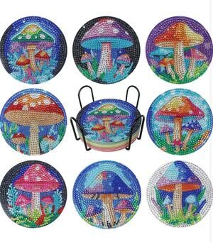 Mushroom kitchen home Acrylic Shiny DIY Diamond Coasters set of 8